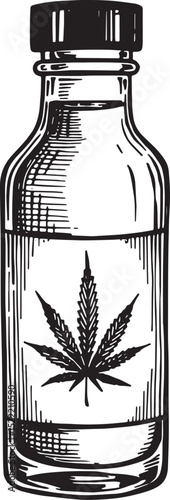 Vintage Style Hemp Oil Bottle Woodcut Drawing Black and White Il
