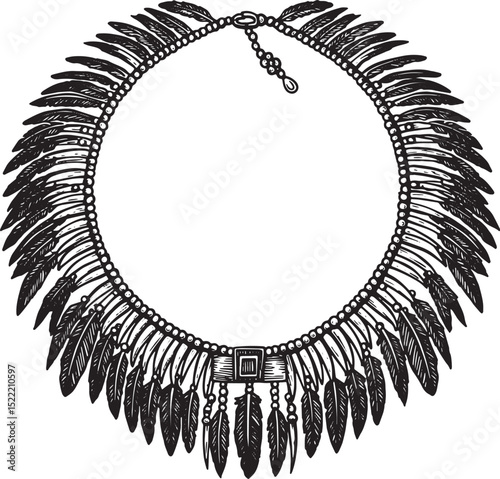 Intricate Native American Feather Necklace Woodcut Style Illustr