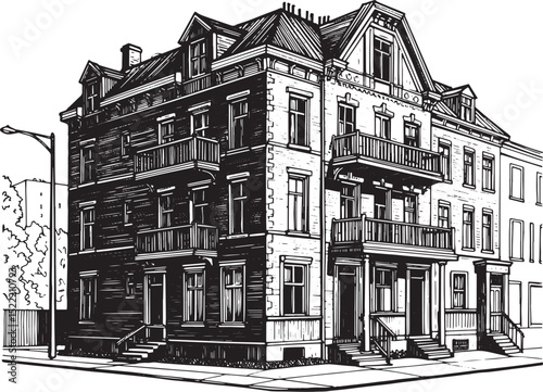 Detailed Woodcut Illustration of Urban Townhouses in Black and W