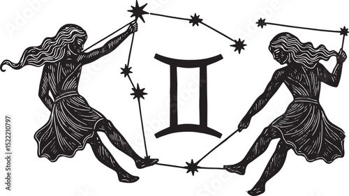 Elegant woodcut illustration of the Gemini star sign zodiac symb