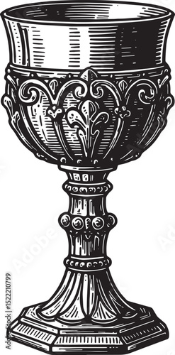 Monochrome woodcut illustration of a medieval goblet with intric