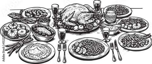 Monochrome Thanksgiving Feast, A Detailed Woodcut Illustration o