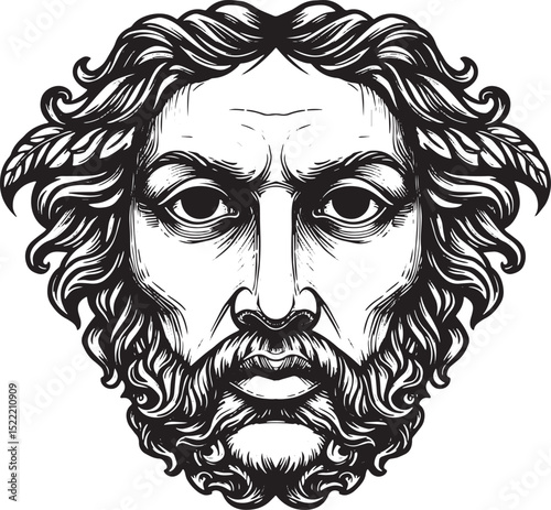 Zeus face mask in black and white woodcut style illustration