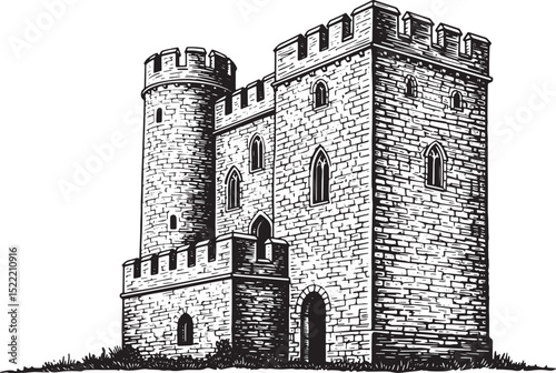 Detailed Woodcut Illustration of an Old Castle Tower and Rampart
