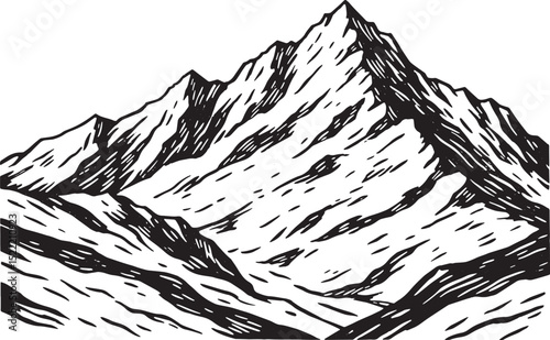 Monochrome Majesty, Woodcut Illustration of a Snow-Capped Mounta