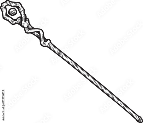 Mystical Woodcut, A Detailed Black and White Wizard's Staff Illu