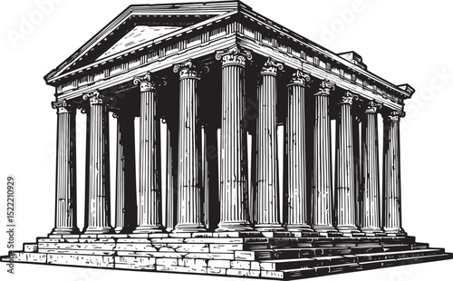 Monochrome woodcut style illustration of the Temple of Zeus in A