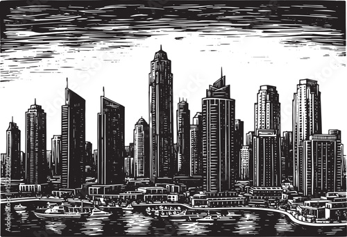 Striking woodcut style illustration of Dubai Marina skyline view