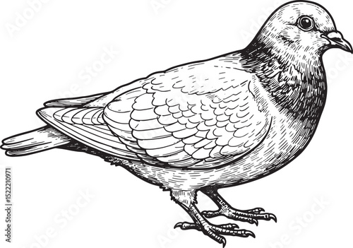 Monochrome Detailed Woodcut Illustration of a Standing Clay Pige