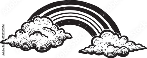 Monochrome Woodcut Illustration of Rainbow with Clouds in Black