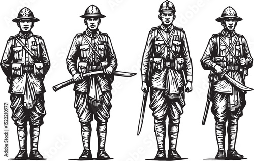 Woodcut Illustration of 203999 03 Gurkhas in Uniforms and Tradit