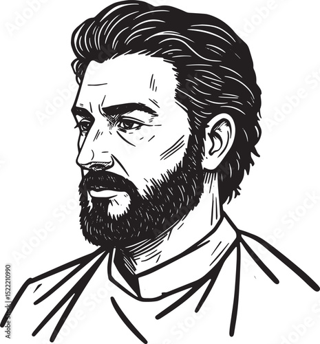 Intricate woodcut illustration showcasing a bearded man's portra