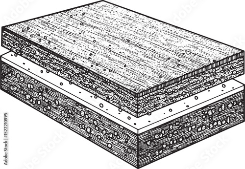 Detailed woodcut illustration showcasing a multilayered composit