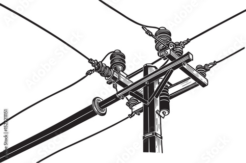 High voltage power lines on a wood pole, black and white illustr