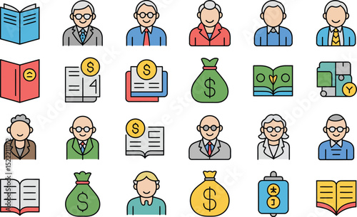 Business icons set financial investment retirement plan documents and reading books design