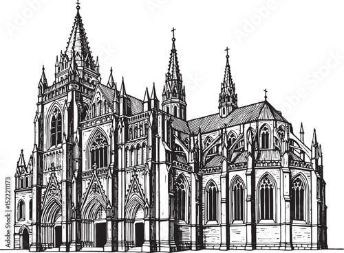 Detailed Woodcut Illustration of a Majestic Renaissance Church F