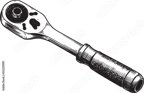Detailed Black and White Woodcut Illustration of a Ratcheting Wr