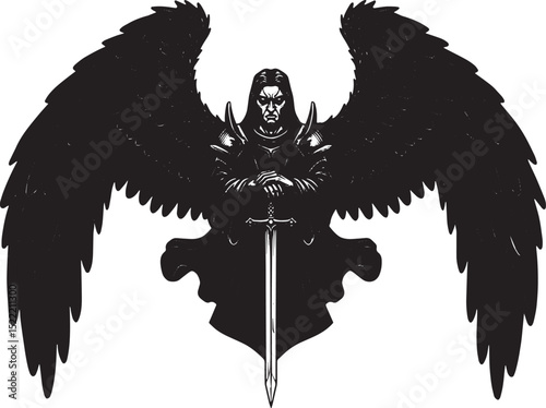 Mystical Dark Angel with Sword, A Detailed Black and White Woodc photo