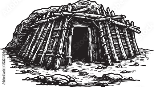 Primitive Dwelling, Black and White Woodcut Illustration of Earl