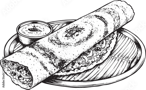 Detailed Woodcut Illustration of Masala Dosa with Coconut Chutne