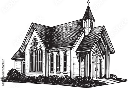 Elegant wedding chapel woodcut drawing with cross and gothic arc
