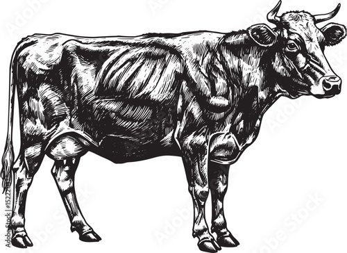 Detailed Woodcut Illustration of a Cow in Black and White Style