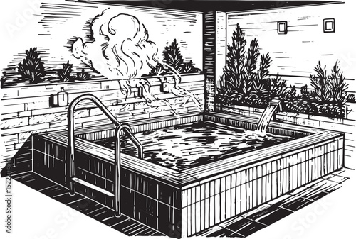 Black and White Woodcut Illustration of a Tranquil Spa Pool Retr