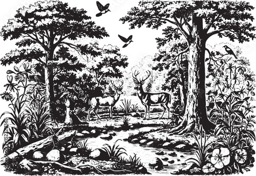 Detailed woodcut illustration of forest ecosystem featuring deer