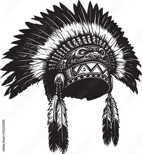 Monochrome woodcut illustration of a traditional tribal headdres