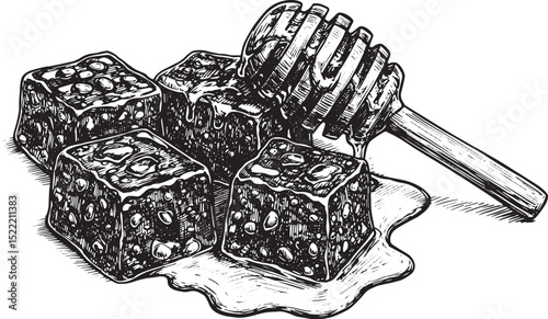Elegant Woodcut Illustration of Honey Sweets with Honeycomb Cube