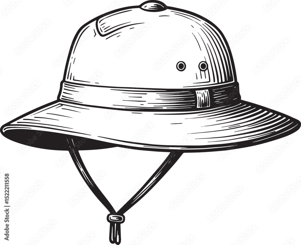Detailed Woodcut Style Illustration of a Classic Safari Pith Hel