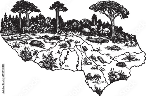 Monochrome depiction of a biodiversity hotspot showcasing variou
