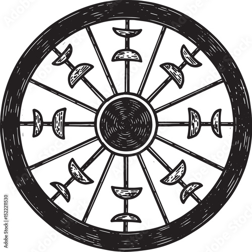 Monochrome Vintage Woodcut Illustration of the Wheel of Fortune