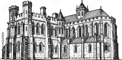 Detailed woodcut drawing of a historic heritage site with towers