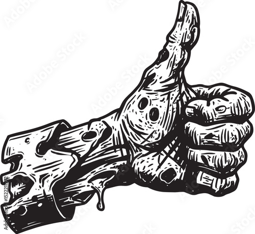 Zombie hand giving thumbs up in detailed woodcut drawing style