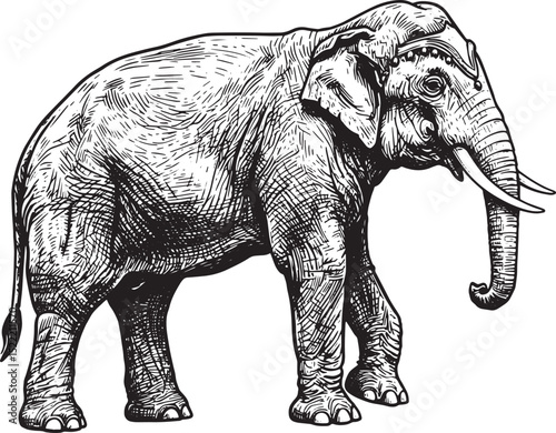 Detailed Black and White Woodcut Illustration of a Circus Elepha