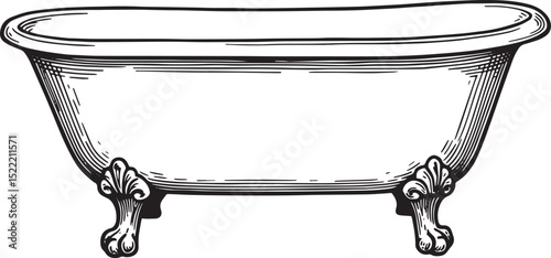Elegant Clawfoot Bathtub Woodcut Illustration in Black and White