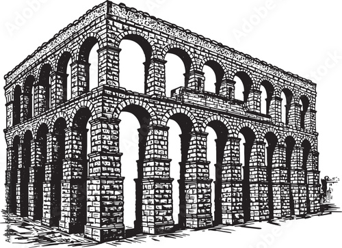 Woodcut Illustration of a Roman Aqueduct, Black and White Ancien