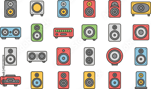 Collection of colorful audio speakers and equipment flat design