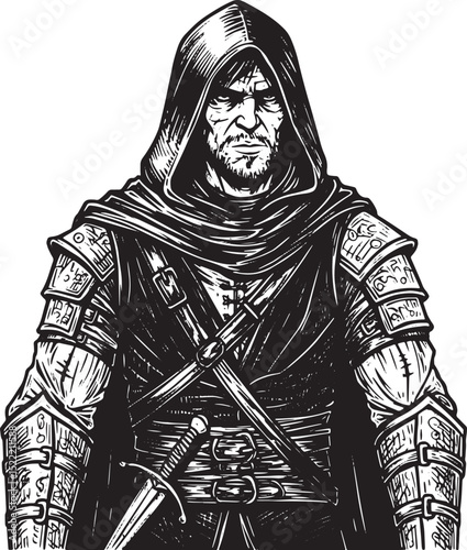 Detailed Woodcut Illustration of a Rogue Assassin in Black and W