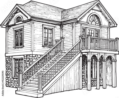 Detailed Woodcut Illustration of a Two-Story House with a Balcon