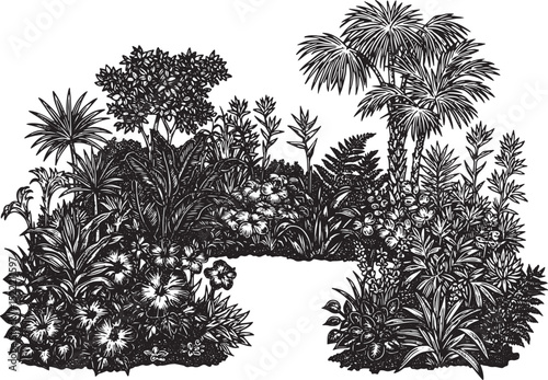 Monochrome Woodcut Illustration of a Lush Tropical Garden Paradi