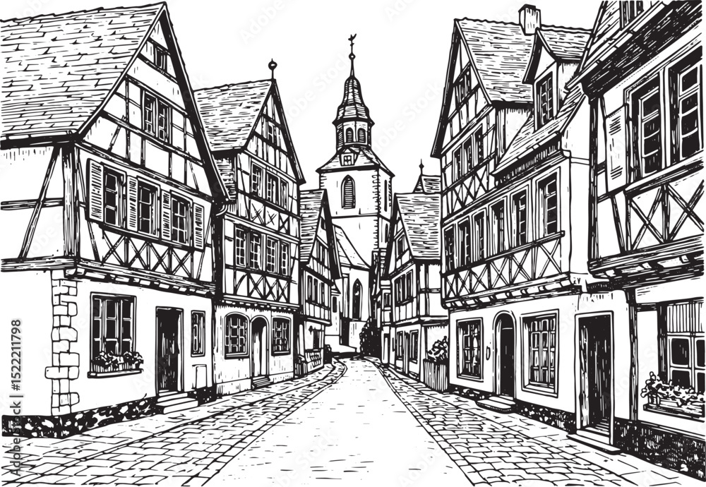 Obraz premium Charming Black and White Woodcut Illustration of a Quaint Europe