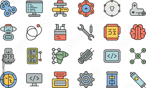 Science and technology icons representing robotics artificial intelligence and gadgets in flat design