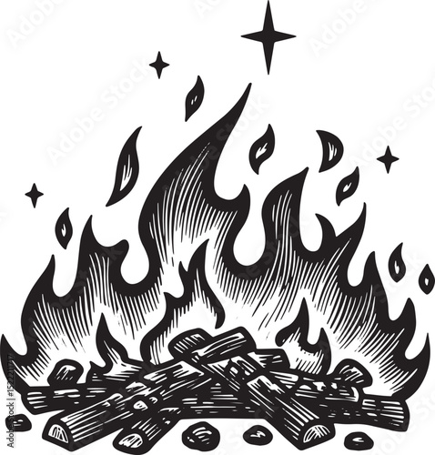 Enchanting Campfire Scene Black and White Woodcut Illustration o