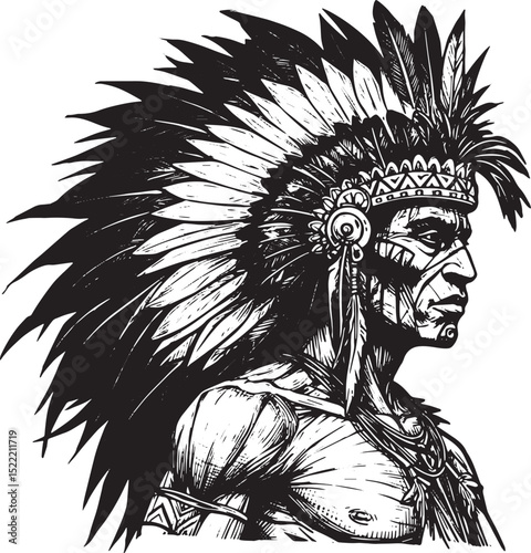 Monochromatic woodcut illustration of a native american chief he