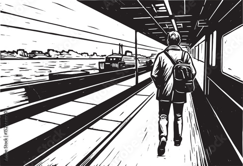 Monochrome Departure, A Woodcut Illustration of a Traveler Await