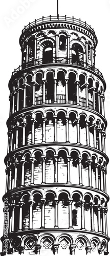 Monochrome woodcut illustration of the iconic Leaning Tower of P