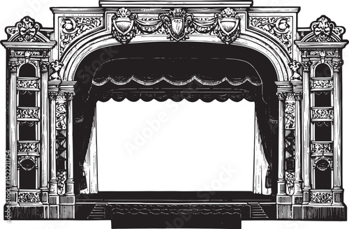 Intricate woodcut illustration of a vintage theater stage design