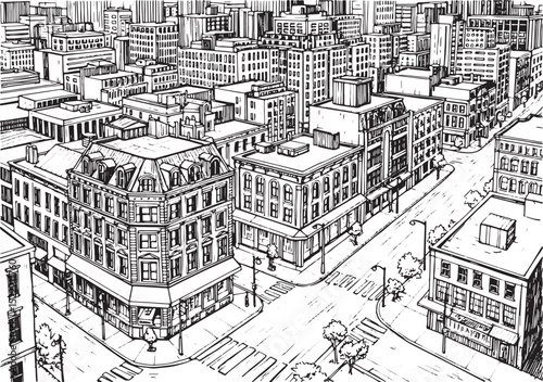 Detailed Black and White Woodcut Illustration of a Bustling City